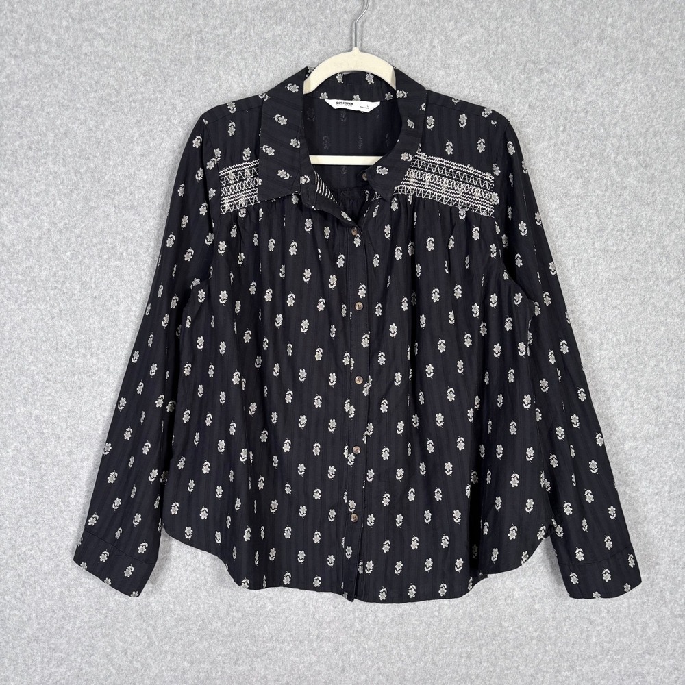 Sonoma‎ Boho Blouse Large Black Cream Floral Textured Peasant Western Feminine